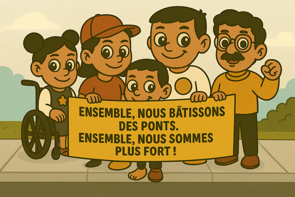 Les mascottes de L'ADA, Adaly, Lamy, Ady, Maxy et Ladara, tiennent une bannière : Ensemble, nous bâtissons des ponts. Ensemble, nous sommes plus forts !